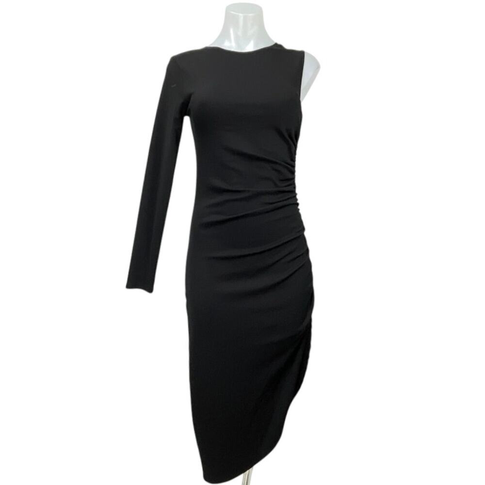 Zara Women's Black One Shoulder Long Sleeve Asymmetrical Midi Bodycon Dress S